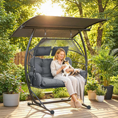 Outsunny Double Hanging Egg Chair With CanopyEgg Swing ChairDark Grey