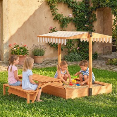Aiyaplay Kids Sand Pit With LidWooden Sandpit With Foldable Picnic Table from B&Q