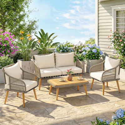 Outsunny 4 Piece Rattan Garden Furniture Set W/ Thick CushionsCream White from B&Q