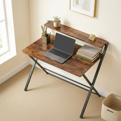 B&Q -  Folding Desk With 2-Tier Shelf For Home OfficeRustic Brown - Image 9