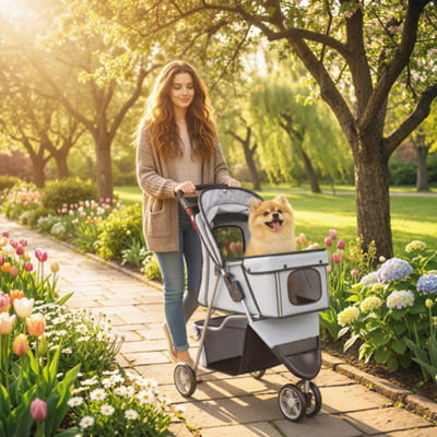 B&Q -  Pet Stroller Pushchair Carrier For Cat Puppy With 3 Wheels Grey