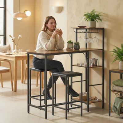 Homcom Brown 3Pcs Breakfast Bar Table And Stools Set 4-Tier Shelving, Rustic B&Q