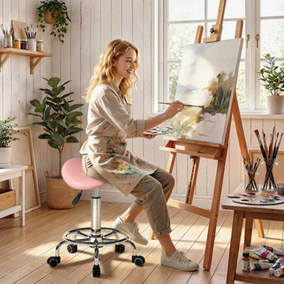 B&Q -  Pu Leather Saddle ChairRolling Salon Stool For Massage SpaPink