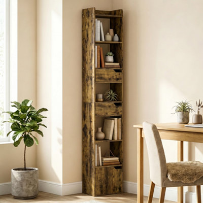 Homcom Bookcase Tall Narrow With 5 Tiers Drawers Rustic Brown from B&Q
