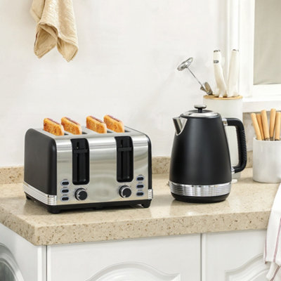 Homcom 1.7L 3000W Quick Boil Kettle And 4 Slice Toaster Set Crumb Tray Black
