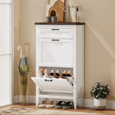 B&Q -  Shoe Cabinet With 2 Flip DrawersNarrow Shoe Storage CabinetWhite