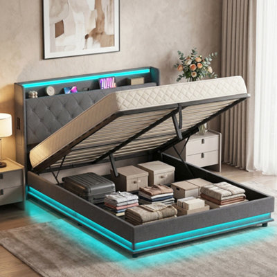B&Q -  Lift Up Storage Bed Frame With Rgb Led Lights150 X 200CmDark Grey