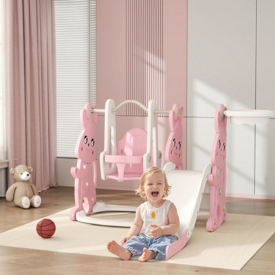 Aiyaplay 4 In 1 Kids Slide And Swing Set With Climber, Basketball Hoop, Pink