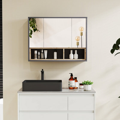 Homcom Bathroom Cabinet Wall Mounted Mirror Storage With Shelves Grey
