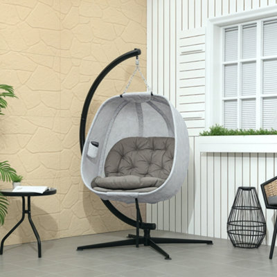 Outsunny Hanging Egg Chair Outdoor Indoor Swing Chair, Folding Basket, Sand