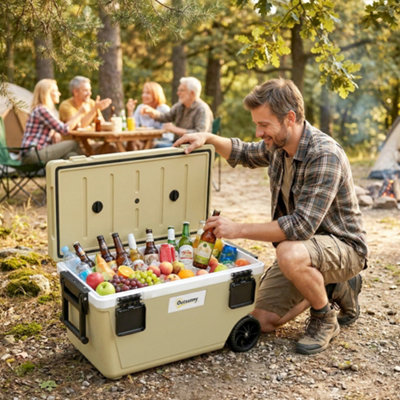 Outsunny 70L Insulated Cool Box With WheelsPortable Ice CoolerKhaki from B&Q