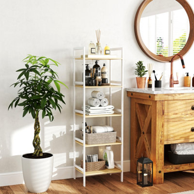 Homcom 5-Tier Bamboo Bathroom Storage Shelf With Adjustable Rack, White