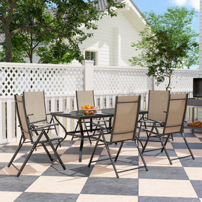 Outsunny 7 Pcs Garden Dining Set, Folding Chairs And Metal Top Table, Khaki