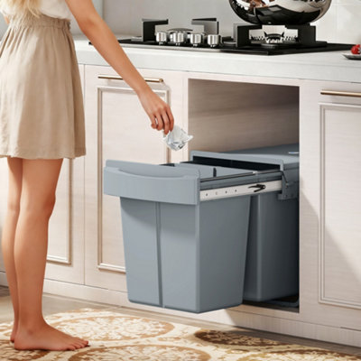 HOMCOM Grey Dual Pull Out Kitchen Bin 40L Metal Integrated - Image 5