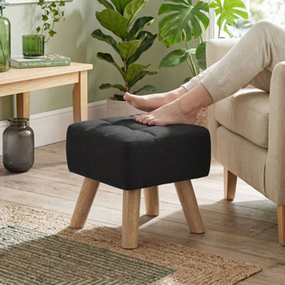 B&Q -  Modern FootstoolFabric Foot Rest With Rubber Wood LegsBlack