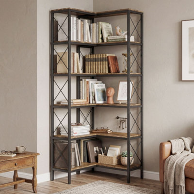 Homcom L-Shaped Bookshelf, 5-Tier Bookcase With Metal Frame, Rustic Brown - Image 6