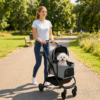 B&Q -  3 In 1 Foldable Pet Stroller For Small Dog With Travel CarrierGrey