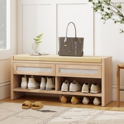 HOMCOM - Shoe Bench - 2 Rattan Drawers - Oak Wood Effect - Brown - Image 9
