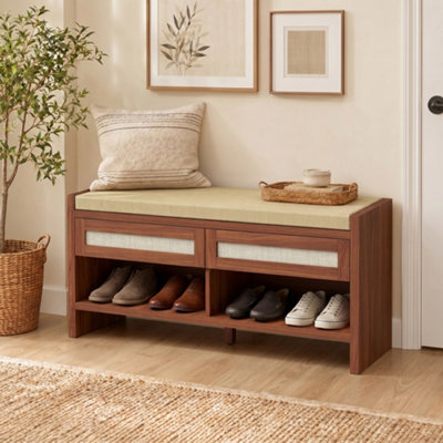 Homcom Unisex Brown Boho Shoe Storage Bench With 2 Rattan Drawers And Cushion Seat - Image 8