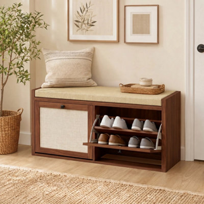 Rackhams Brown Rattan Shoe Bench With Padded Cushion And 2 Cabinets, - Image 7