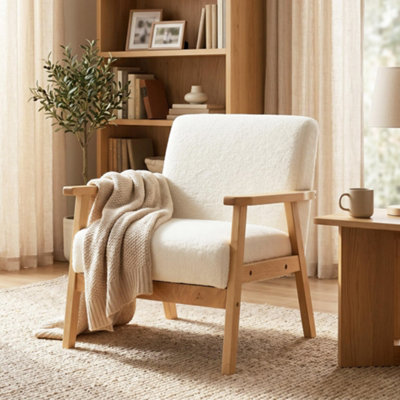 B&Q -  Accent Chair With Wood Frame Wide Seat Sherpa Fleece Armchair Cream