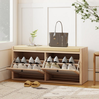 HOMCOM - Shoe Storage Bench - Oak - 2 Flip Down Doors - Brown - Image 9