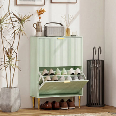 B&Q -  Slim Shoe Storage Cabinet With 2 Flip Drawers For HallwayLight Green