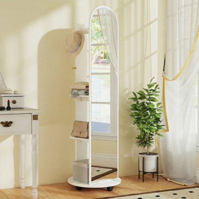 2-in-1 Full Length Mirror with Storage Shelves Floor with 4 Wheels Coat White - Image 10