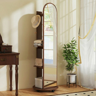 B&Q -  2-In-1 Full Length Mirror With Shelves4 WheelsBrown Wood Effect