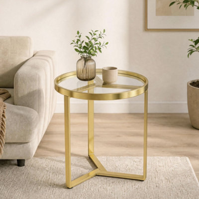 B&Q -  Round Side Table With Tempered Glass Top And Metal FrameGold Tone