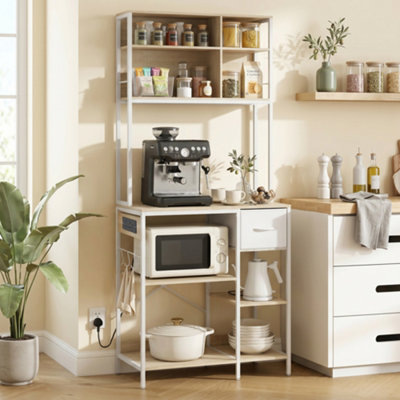 HOMCOM Kitchen Bakers Rack, Microwave Stand with Storage Shelves & 6 Hooks in Natural - Image 7