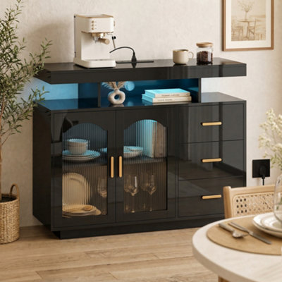 B&Q -  High Gloss Sideboard With Led LightsPower OutletsDrawersBlack