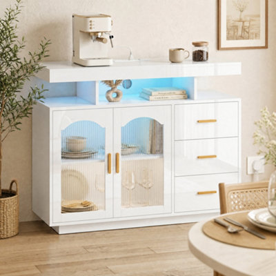 B&Q -  High Gloss Sideboard With Led LightsPower OutletsDrawersWhite