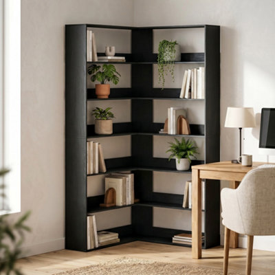 Homcom Unisex Black 7 Tiers Corner Bookshelf, L-Shaped, Anti-Slip, Wood Effect - Image 7