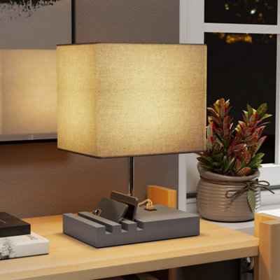 Rackhams Grey Table Lamp With 3 Slots, Bedside Lamp With Solid Wood Base - Image 7