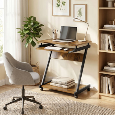 B&Q -  Movable Computer Desk With 4 Moving Wheels Rustic Brown