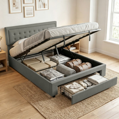 Homcom Unisex Grey Pu Leather Bed Frame With Storage And Adjustable Headboard, King - Image 9