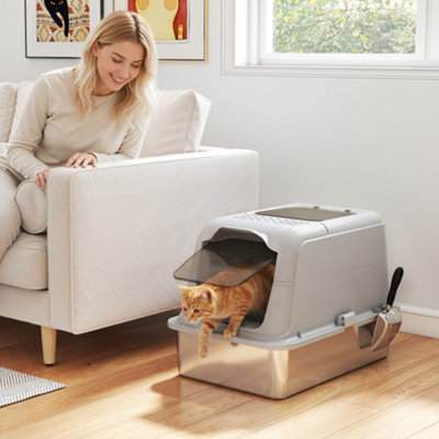 Pawhut Stainless Steel Litter BoxEnclosed Metal Litter Tray With Scoop