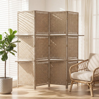 Homcom Brown 4 Panel Folding Wall Divider Room With Shelves Privacy Screen Panels In - Image 4