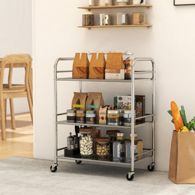 B&Q -  3 Tier Kitchen Trolley On Wheels Serving Cart With Handles Silver