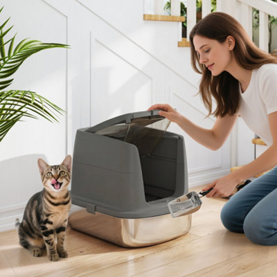 Pawhut Stainless Steel Litter BoxEnclosed Metal Cat Litter Tray With Scoop