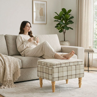 B&Q -  Linen Fabric Upholstered Footstool With Removable TopBrown