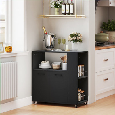 Rackhams Black Kitchen Island On Wheels With 2-Door Cabinet And Spice Rack, - Image 4