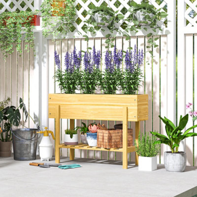 B&Q -  Wooden Raised Bed W/ Bed LinerStorage ShelfNatural Wood Finish
