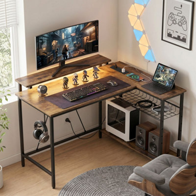 B&Q -  L Shaped Desk With Led Lights And StorageRustic Brown