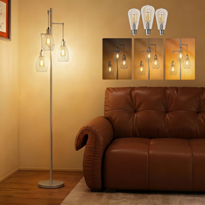 HOMCOM 3-Light Floor Lamp, 170cm Dimmable, 2700K, 3 Bulbs Included, Silver | Industrial Standing Lamp, Steel Wire Cage Lampshades, Living Room, Bedroom, Dining Room, Study - Image 3