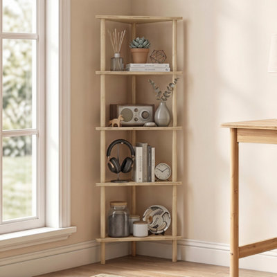 B&Q -  5-Tier Corner Storage Shelf For Living RoomNatural Wood Finish