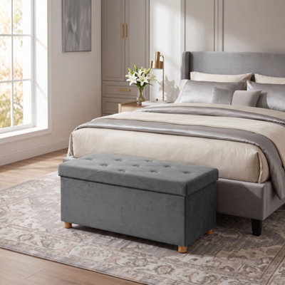 B&Q -  Velvet Upholstered Foldable Ottoman Footrest With Wood LegsGrey