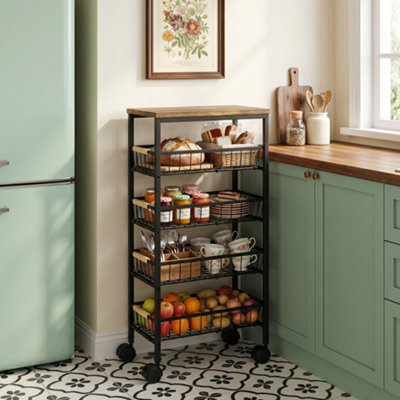 Homcom Metal Kitchen Trolley With Pull-Out Baskets, Rustic Brown - Image 6