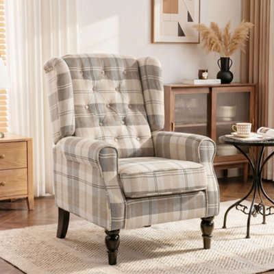 B&Q -  Accent Chair Wingback Armchair Retro TuftedKhaki Plaid
